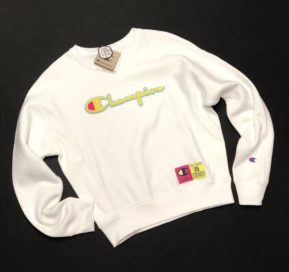 Women's Champion Reverse Weave Crew Sweatshirt White Neon Pink Size S Small